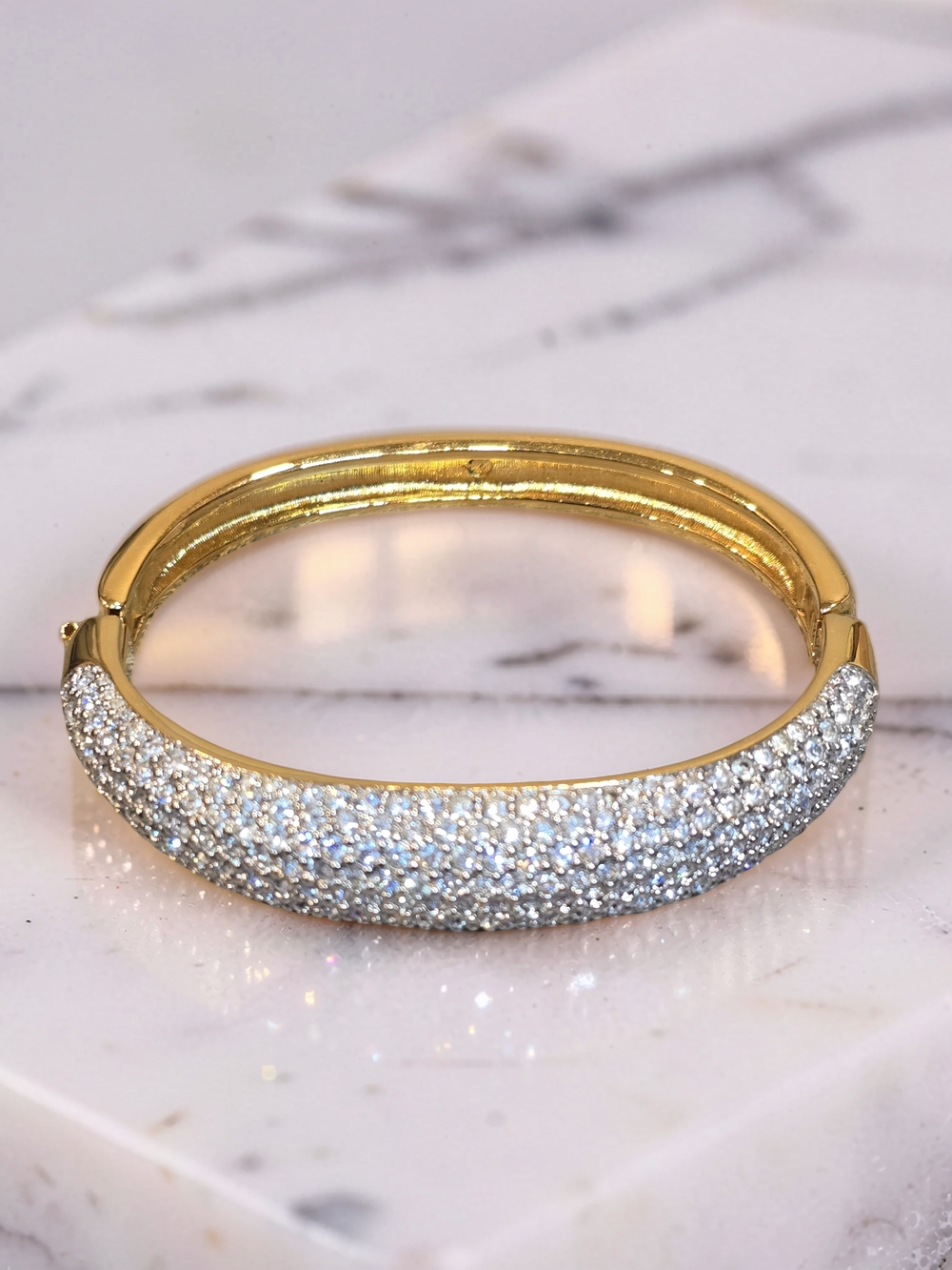 Swarovski Vintage Gold Tone Pavé Crystal Hinged Bangle Bracelet